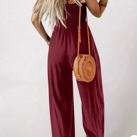 Burgundy Palazzo Jumpsuit with Smocked Bodice - Picture 2 of 5